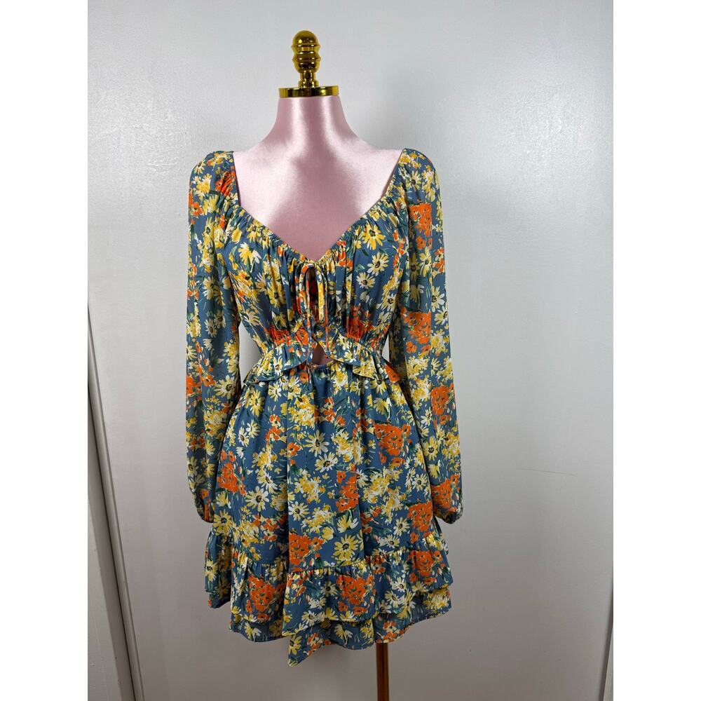 Sienna Sky Blue Floral Mini Dress Long Sleeve Boho Cottagecore Tie Front Flowy S